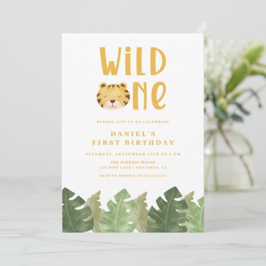 Wild One Tiger 1. Geburtstag Einladung (Stehend Vorderseite)