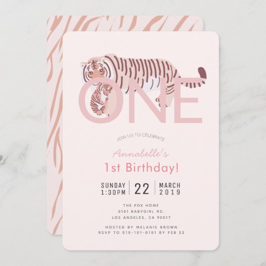 Wild One Tiger Pink Girl 1. Geburtstag Einladung (Vorne/Hinten)