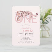 Wild One Tiger Pink Girl 1. Geburtstag Einladung (Stehend Vorderseite)