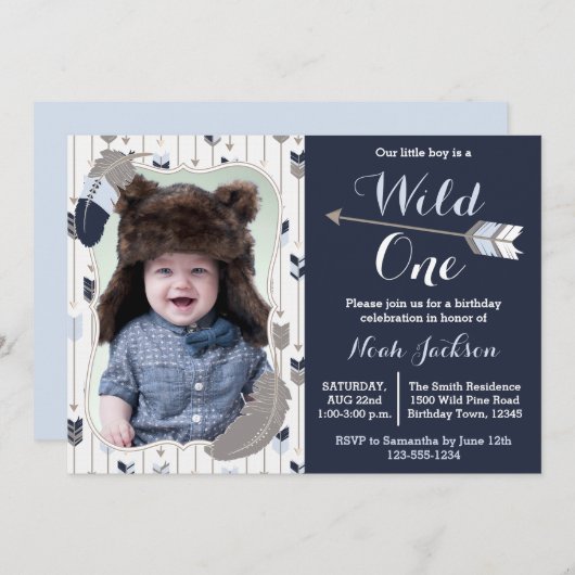 Wild One Tribal First Birthday Blue Foto Einladung (Vorne/Hinten)