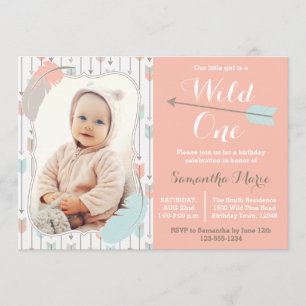 Wild One Tribal Girl Erster Geburtstag Pink Foto Einladung