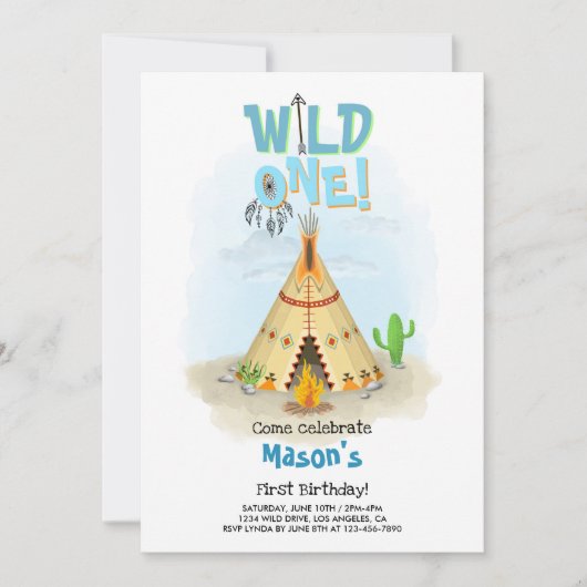 Wild One Tribal Teepee Boy Birthday Einladung (Vorderseite)