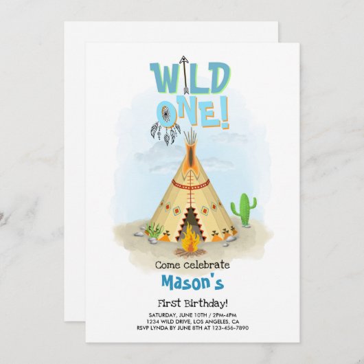 Wild One Tribal Teepee Boy Birthday Einladung (Vorne/Hinten)