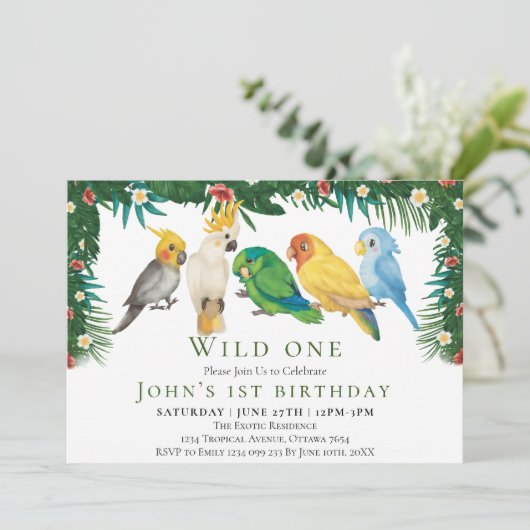 Wild One Tropical Exotic Parrots Junge 1. Geburtst Einladung (Stehend Vorderseite)