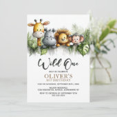 Wild One Tropical Safari Animals 1st Birthday Einladung (Stehend Vorderseite)