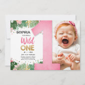 Wild One Tropical Safari Girl Pink Erster Geburtst Einladung (Vorderseite)
