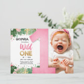 Wild One Tropical Safari Girl Pink Erster Geburtst Einladung (Stehend Vorderseite)