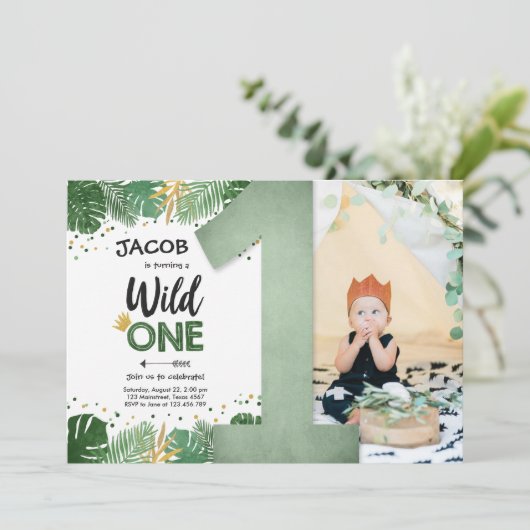 Wild One Tropical Safari Junge Gold Erstgeburt Einladung (Stehend Vorderseite)