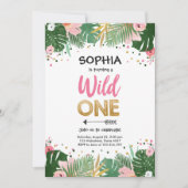 Wild One Tropical Safari Pink Girl Erster Geburtst Einladung (Vorderseite)