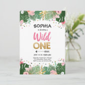 Wild One Tropical Safari Pink Girl Erster Geburtst Einladung (Stehend Vorderseite)
