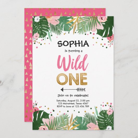 Wild One Tropical Safari Pink Girl Erster Geburtst Einladung (Vorne/Hinten)