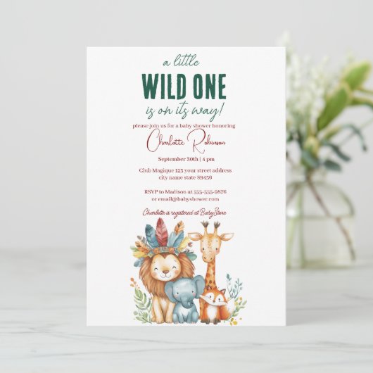 Wild One und Safari Baby Dusche Einladung (Stehend Vorderseite)