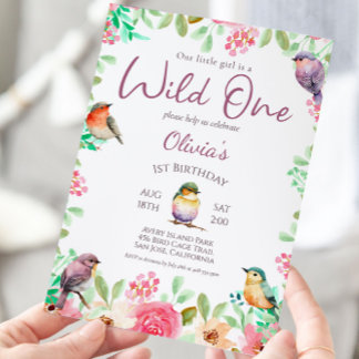 Wild One Watercolor Little Girl Bird 1. Geburtstag Einladung