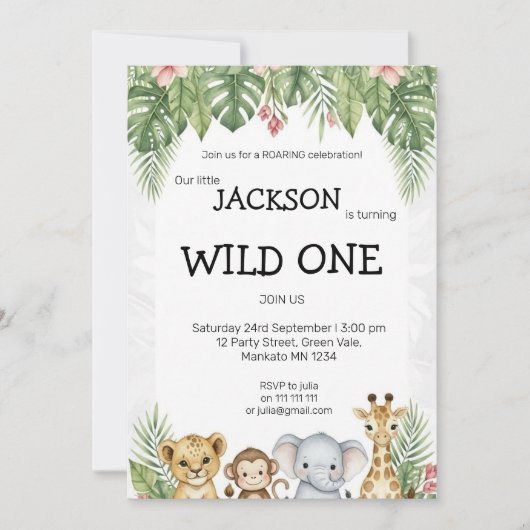 Wild One Watercolor Safari 1st Birthday Invite Einladung (Vorderseite)
