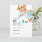Wild One Watercolor Teddy Bear Baby Show Invitat Einladung (Stehend Vorderseite)