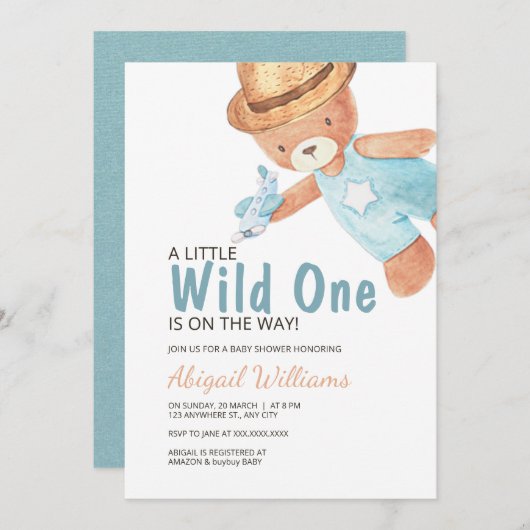 Wild One Watercolor Teddy Bear Baby Show Invitat Einladung (Vorne/Hinten)