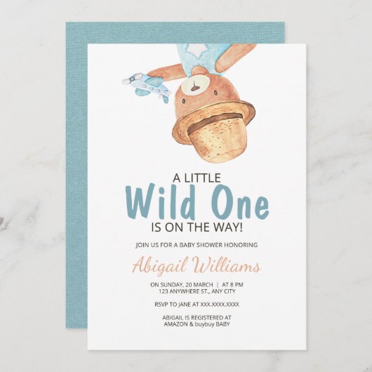 Wild One Watercolor Teddy Bear Baby Shower Einladung (Vorne/Hinten)