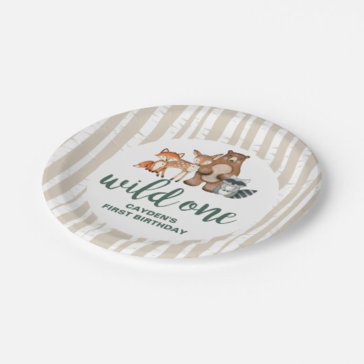 Wild One Woodland Animal Birch Tree Erster Geburts Pappteller (Schrägansicht)