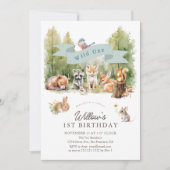 Wild One Woodland Animals Forest Boy 1st Birthday Einladung (Vorderseite)