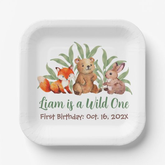 Wild One Woodland Animals Greenerity Erster Geburt Pappteller (Vorderseite)