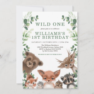 Wild One Woodland Animals Grünwald Geburtstag Einladung