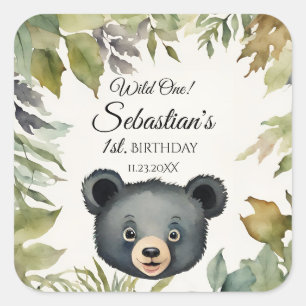 Wild One Woodland Bear Geburtstagsparty Quadratischer Aufkleber