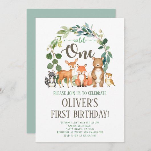 Wild One Woodland Birthday Invitation Boy Einladung (Vorne/Hinten)