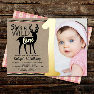 Wild One Woodland Deer Girls 1. Geburtstag Real Folieneinladung