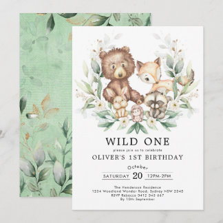 Wild One Woodland Greenerity Gold Geburtstagsparty Einladung