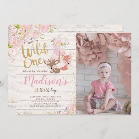 Wild One, Woodland, Tribal Einladung (Vorne/Hinten)