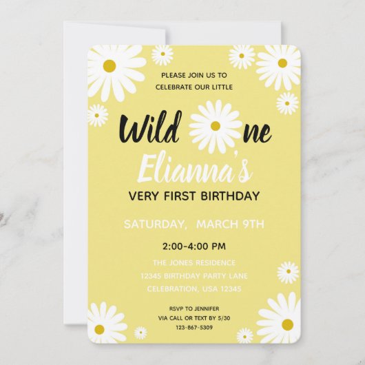 Wild ONE Yellow Daisy Flower Girl Geburtstag Einladung (Vorderseite)