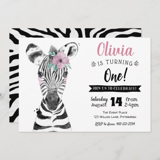 Wild One Zebra | Mädchen Einladung 1. Geburtstag (Vorne/Hinten)