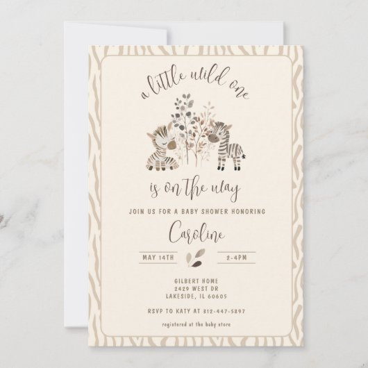 Wild One Zebra Safari Gender Neutral Baby Dusche Einladung (Vorderseite)