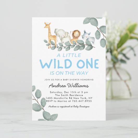 Wild One Zoo Animals Boy Baby Shower Einladung (Stehend Vorderseite)