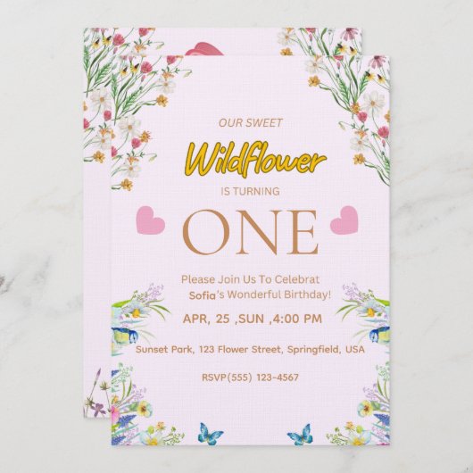 Wild & Onederful Floral Birthday Invitation Einladung (Vorne/Hinten)