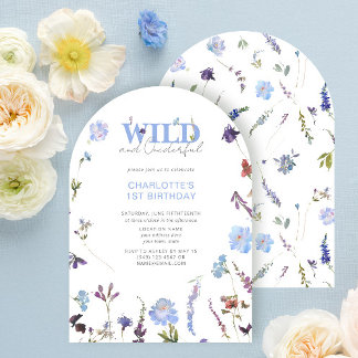 Wild & Onederful Girl 1. Geburtstag Blue Floral In Einladung