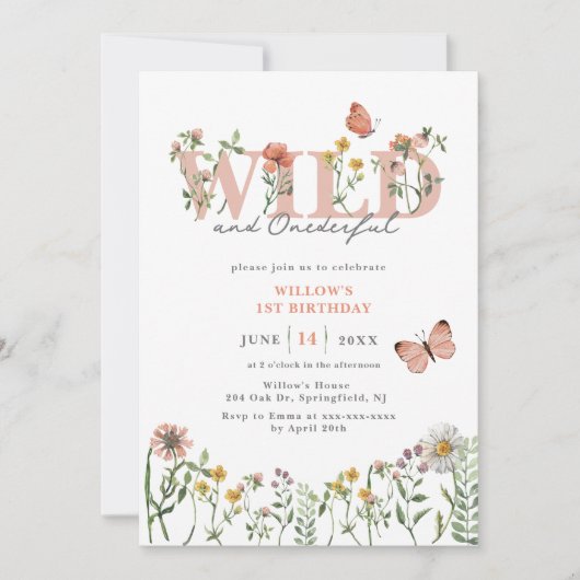 Wild & Onederful Wildblume 1. Geburtstag Einladung (Vorderseite)