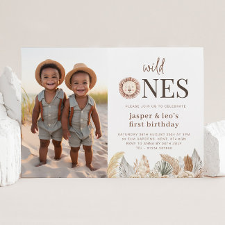 Wild Ones Twins Neutrale Blätter - Foto Geburtstag Einladung
