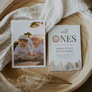 Wild Ones Twins Neutrale Blätter - Foto Geburtstag Einladung