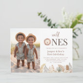 Wild Ones Twins Neutrale Blätter - Foto Geburtstag Einladung (Stehend Vorderseite)