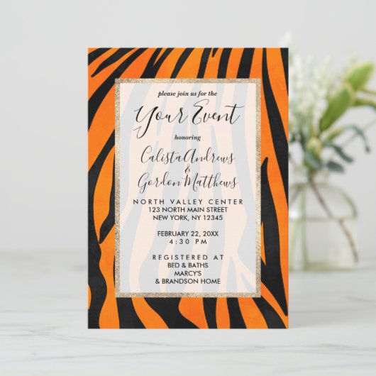 Wild Orange Black Tiger Stripes Animal Print Einladung (Stehend Vorderseite)