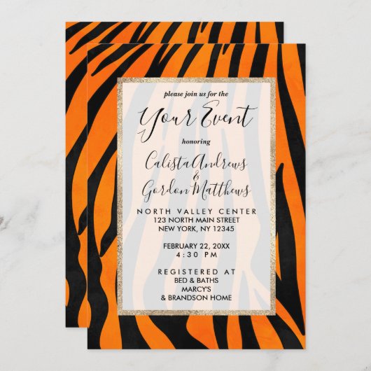 Wild Orange Black Tiger Stripes Animal Print Einladung (Vorne/Hinten)