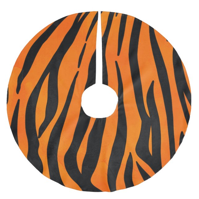 Wild Orange Black Tiger Stripes Animal Print Polyester Weihnachtsbaumdecke (Vorderseite)