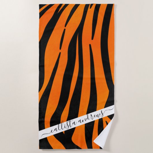 Wild Orange Black Tiger Stripes Animal Print Strandtuch (Vorderseite)