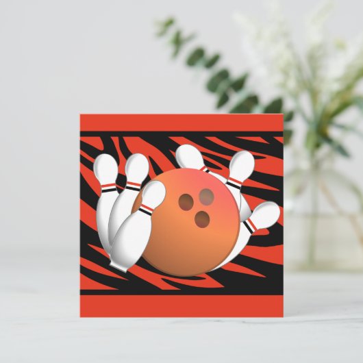 Wild Orange Zebra Stripe Bowling Party Einladung (Stehend Vorderseite)