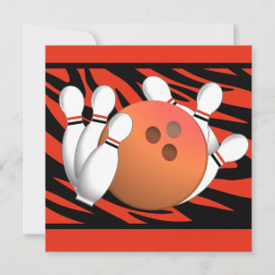 Wild Orange Zebra Stripe Bowling Party Einladung