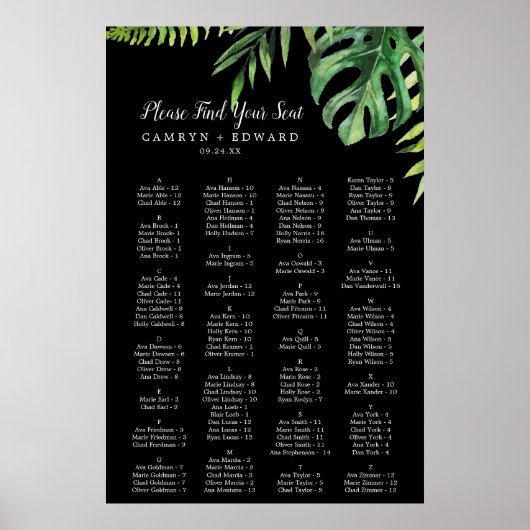 Wild Palm | Schwarze Alphabetische Sitztabelle Poster (Vorne)