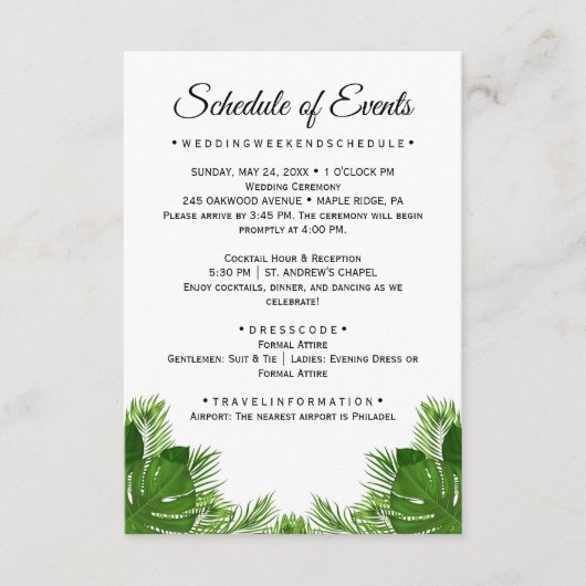 Wild Palm Wedding Schedule Card Begleitkarte (Vorderseite)