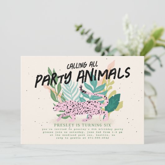 Wild Party Tiere Kindergeburtstag Party Einladung (Stehend Vorderseite)