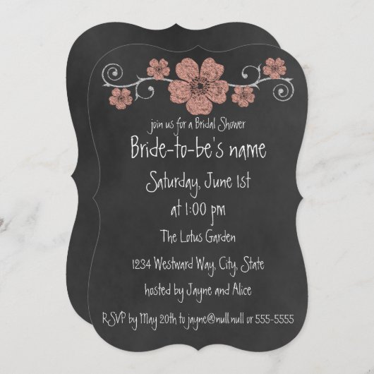 Wild Peach Rose Chalkboard Bridal Einladung (Vorne/Hinten)